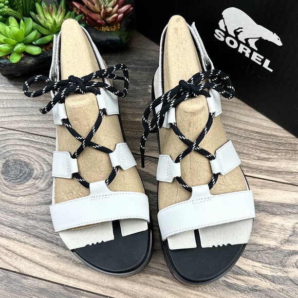 NIB Sorel Roaming Lace 8.5 Slingback Gladiator Flat Leather Sandals White Black - Picture 4 of 12